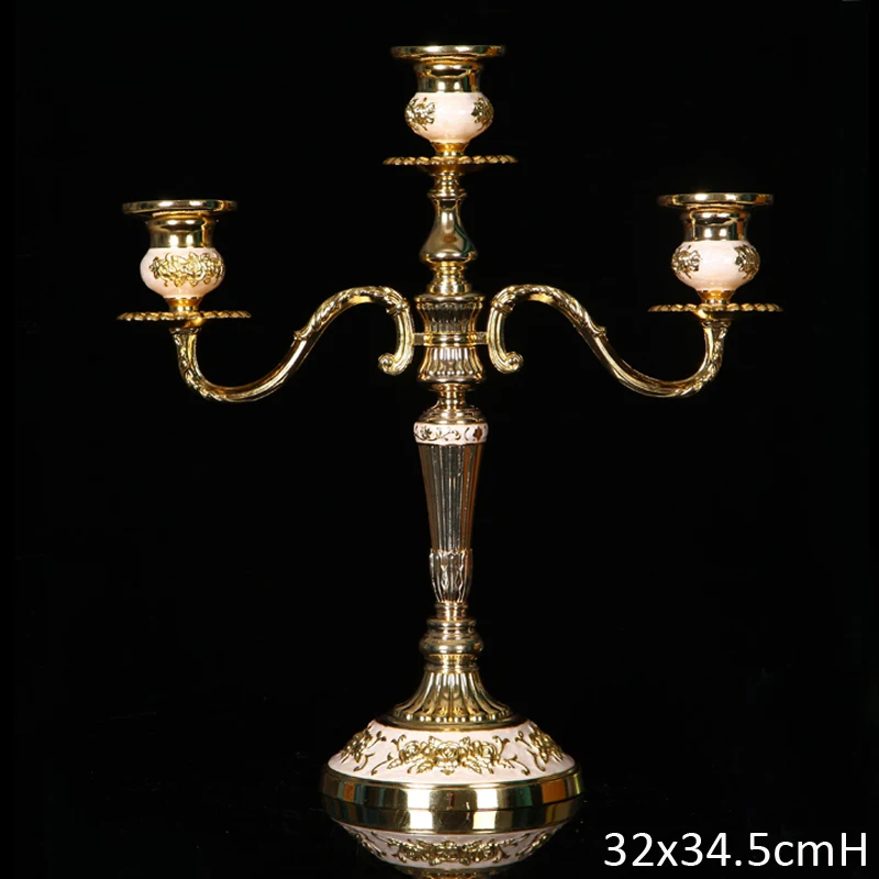 European Accents Embossed Rose Flower Design Gold Plating with White Hand Painted 3 pieces Zinc Alloy Stick Candle Holders European Accents Embossed Rose Flower Design Gold Plating with White Hand Painted 3 pieces Zinc Alloy Stick Candle Holders