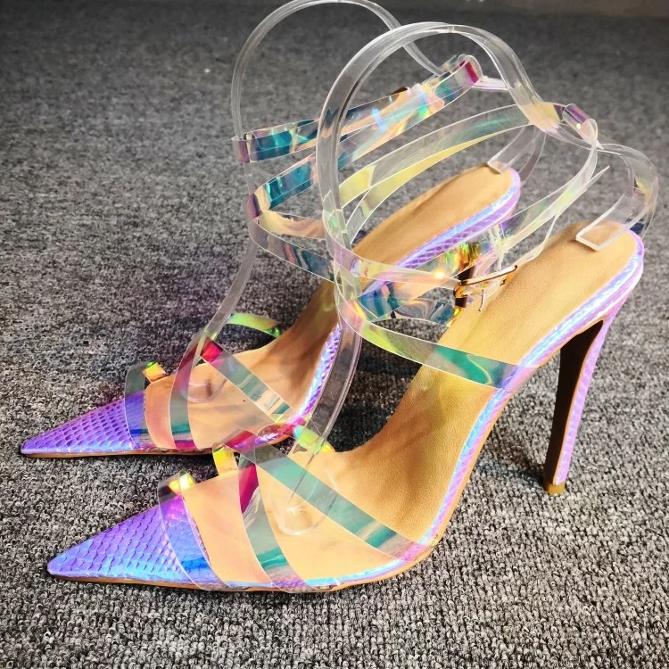 

2019 Newest Clear PVC Sandals Pointed Toe Cut Out Snake Skin Stiletto Shoes Stylish Woman Dress Party Concise Footwear Big SIZE