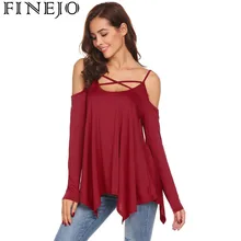FINEJO женщины холодное плечо Крест Спереди Спагетти ремень футболка с длинным рукавом Свободная футболка-туника Весна Повседневные однотонные сексуальные топы
