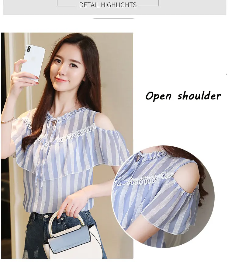 2018 New Women Chiffon Blouse Ruffled Striped Shirts Summer Open Shoulder Tops Blouses Women Fashion Bow Blusas Femininas Shirt (1)
