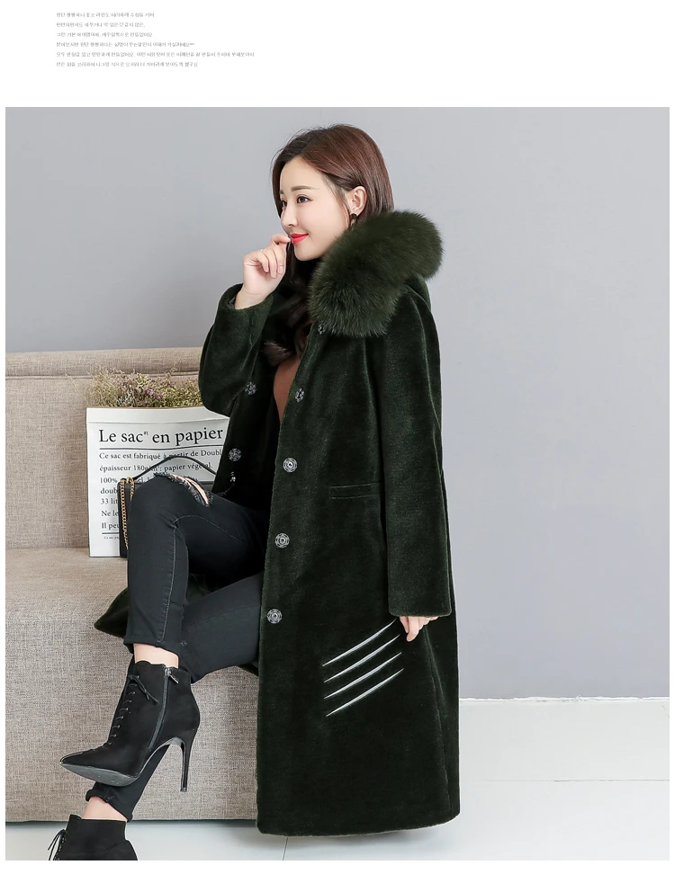 HANZANGL Брендовое Женское пальто из овечьей шерсти, новинка, зимнее пальто средней длины из меха лисы, куртки, теплое пальто зеленого/розового/серого/черного цвета