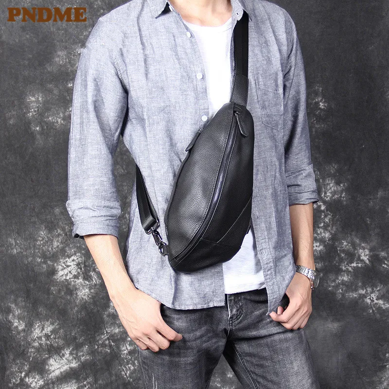 

PNDME high quality top layer cowhide men's chest bag casual soft genuine leather black shoulder messenger bags chest rig bag