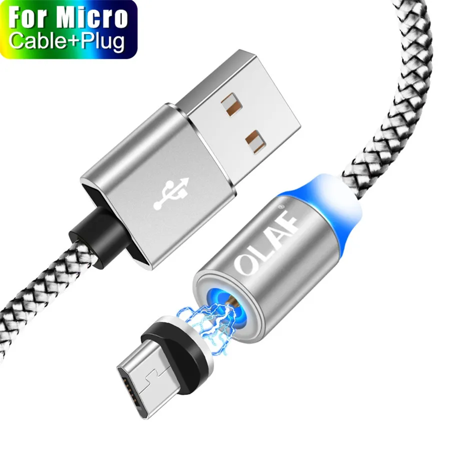 OLAF 1M& 2M светодиодный магнитный кабель и кабель Micro USB и кабель usb type C с нейлоновой оплеткой type-C Магнитный зарядный кабель для iPhone Xs Max - Цвет: For Micro USB Sliver