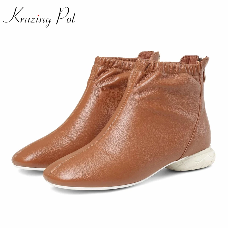 

Krazing pot genuine leather square toe strange style heels superstar ruffles pleated Korean version solid color ankle boots L13
