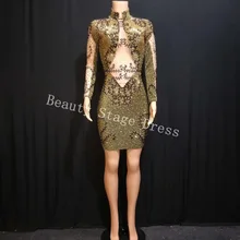 Золотой Стразы растягивающийся костюм Женская вечерняя одежда черные камни комбинезон Выпускной День рождения, празднование танцевальный наряд