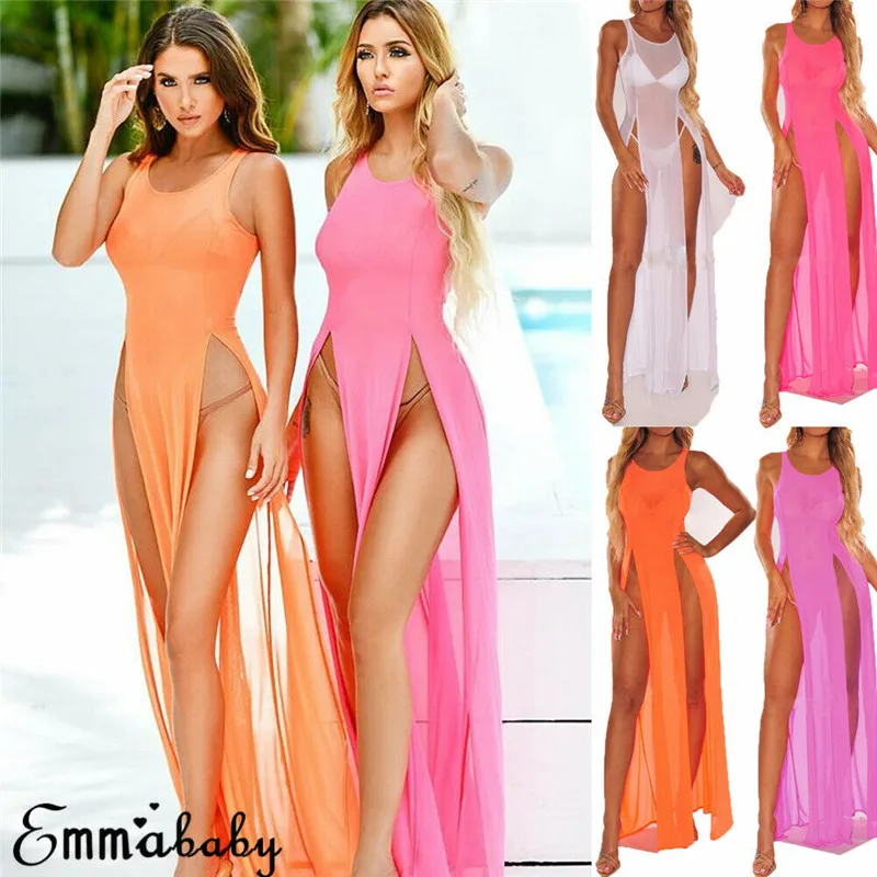 

Fashion Casual Loose Solid Women Boho Long Dress Evening Party Beach Split Dresses Summer Sundress Pullover Clothes