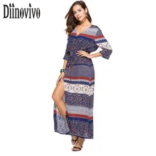 New Boho Style Floral Print Maxi Dress Women V Neck Split Sexy Dress Summer Beach Dress Large Size Tunic Robe Long Vestidos D311