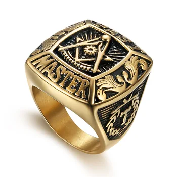 

Punk Rock Master Masonic Freemasonry Sign Ring Gold Color Stainless Steel Rings for Men Vintage Jewelry US Size 7-13