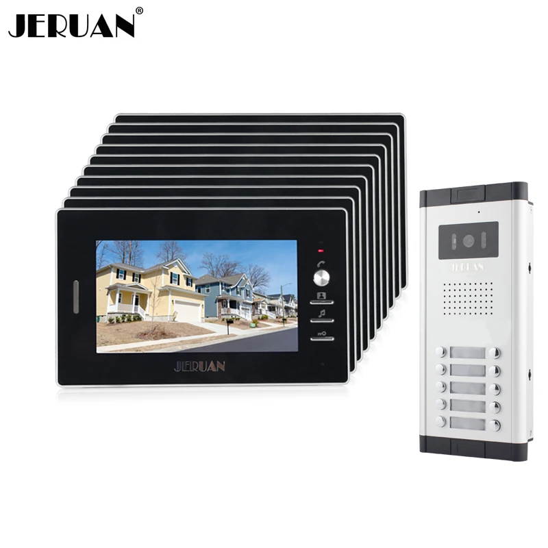 

JERUAN New Apartment Intercom System 7`` Video Door Phone intercom System 10 monitors+700TVL Camera For 10 houses Free shipping
