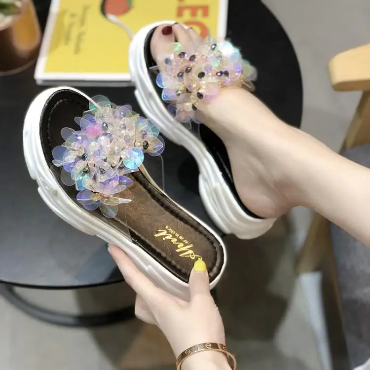 

Luxury Transparent Clear Bling Flowers One Buckle Women Sandals Peep Toe Slip On Zapatos De Mujer Summer Ladies Shoes Brand New