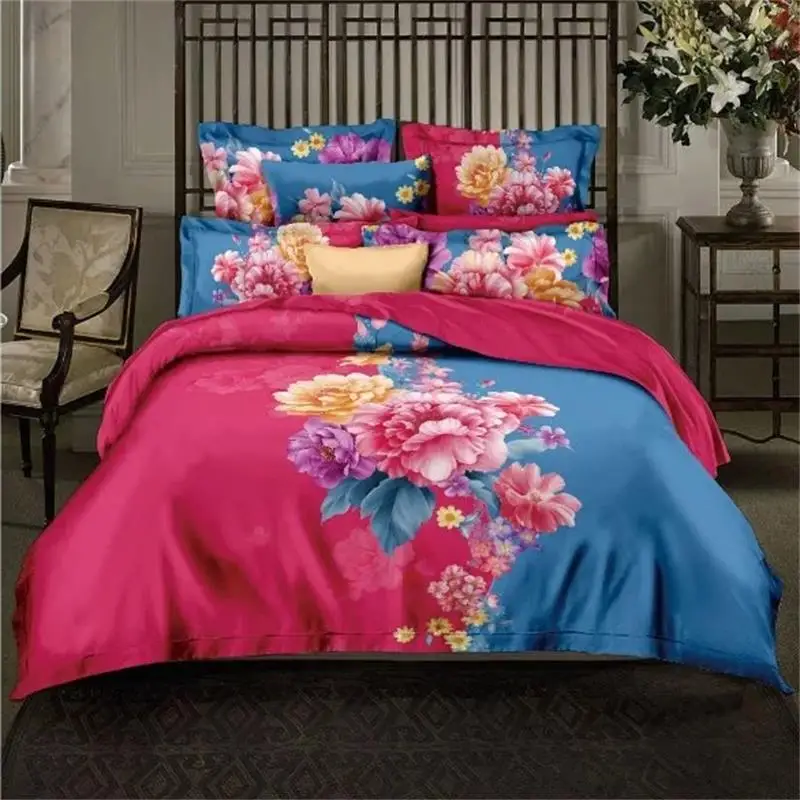 

Fashion Contrast Color Red and Blue Flowers Bedding Set Queen Size Cotton Printed Duvet Cover Pillowcase Bed Sheets Bedroom Sets