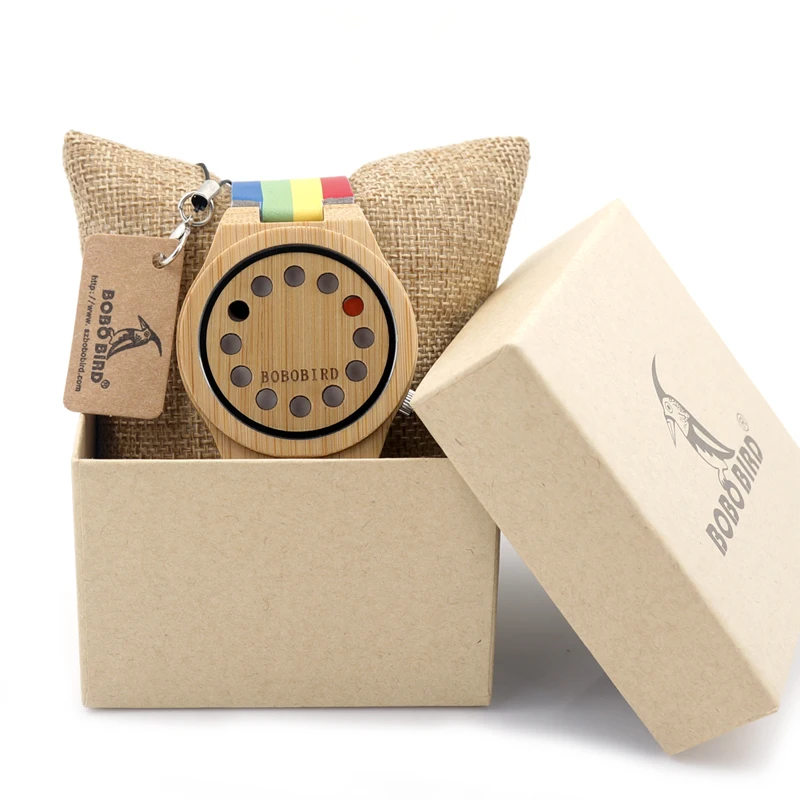 BOBO BIRD V-A01 Mens Wooden Watch 12 Holes Design Bamboo Dial Rainbow Band Quartz Watch in Gift Box montre homme marque de luxe