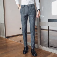 Осенние и зимние брендовые новые тонкие брюки в Корейском стиле повседневные Длинные мужские брюки в полоску прямые брюки от костюма homme