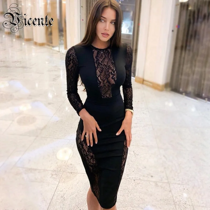 

Vicente All Free Shipping HOT 2019 New Graceful Lace Splicing Long Sleeves O-Neck Wholesale Celebrity Party Wear Bandage Dress