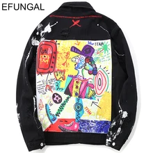 EFUNGAL Hip Hop Jackets Coats Men Ripped Cartoon Graffiti Jeans Distressed Casual Jean Fashion Streewear Harem Denim Windbreaker