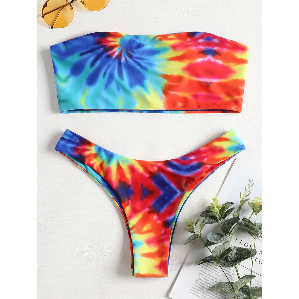 

ZAFUL Multi color Tie Dye Bandeau Bikini Set Bikini Swimsuit Swimwear Sexy Bikini set Summer Bathing Suit Beachwear Biquini