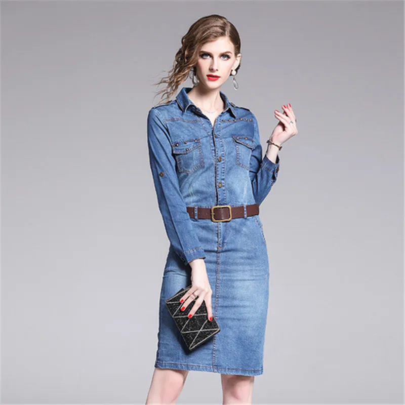 

Autumn Women's Long Sleeve Office Work Dresses 2019 New Turn-down Collar Beading Denim Midi Business Dresses