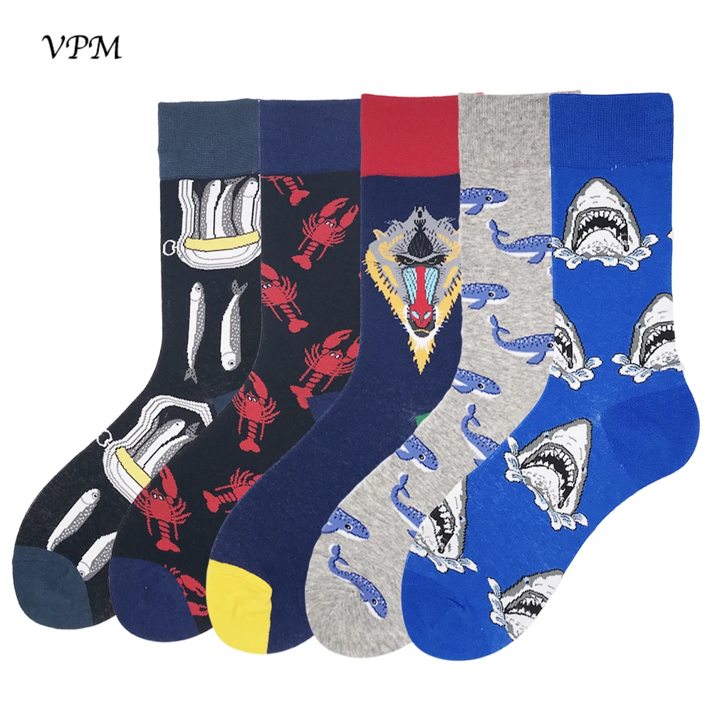 VPM, мужские носки из чесаного хлопка, цветные забавные гольфы, теплые зимние носки с мультяшными усами, фламинго, Акула, подарочная упаковка, 5 пар/лот - Цвет: V74-13
