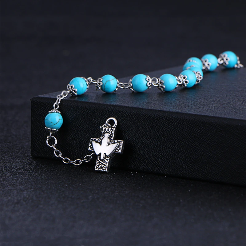 Коми 8 мм голубая каменная бусина Браслеты Четки бусины католический крест кулон браслет для женщин мужские ювелирные изделия религиозные подарки R-043