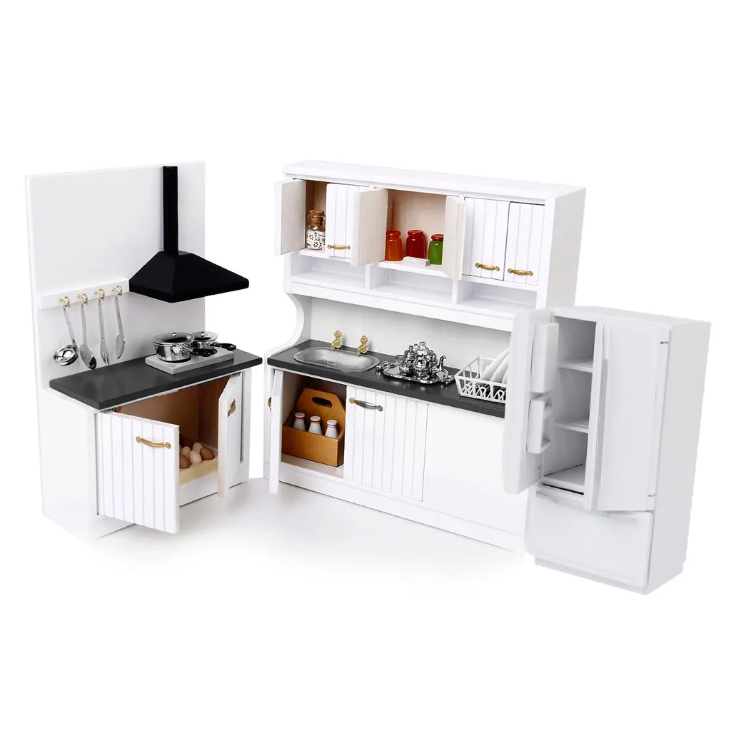  1:12 Scale Dollhouse Kitchen Furniture Set Wooden Refrigerator Table Chair Model Miniature Doll Hou - 32971304823