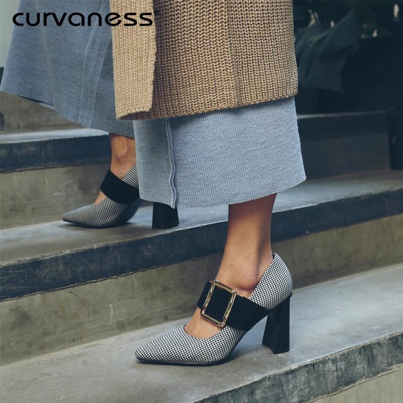 

Curvaness Leather Thick Heel High Heel Shoes Female Autumn Color Matching Pointed Buckle With Houndstooth Women's Shoes