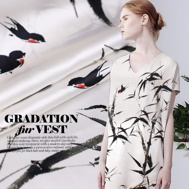 Чистый шелк шелковая ткань Материал Ткань для шитья платок Белый Супер бамбук лес цветы Ласточка печать ткань