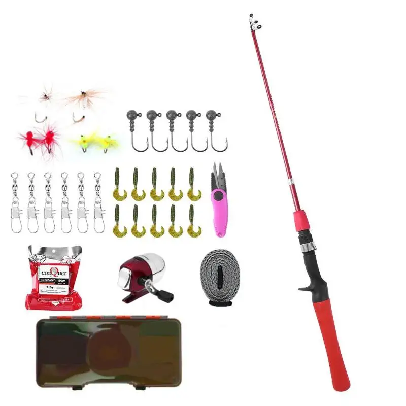 1 مجموعة الأطفال البسيطة الصب قصبة الصيد بكرة كامل كيت خيط صنارة الصيد معالجة مربع تلسكوبي الصيد رود بكرة كومبو يشبع عدة