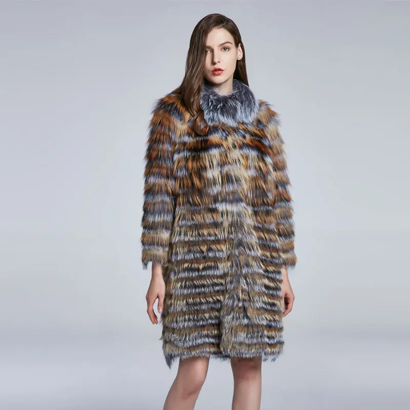 Женское зимнее теплое пальто в полоску с натуральным мехом, пальто из натурального Лисьего меха, Меховая куртка, дизайн - Цвет: F