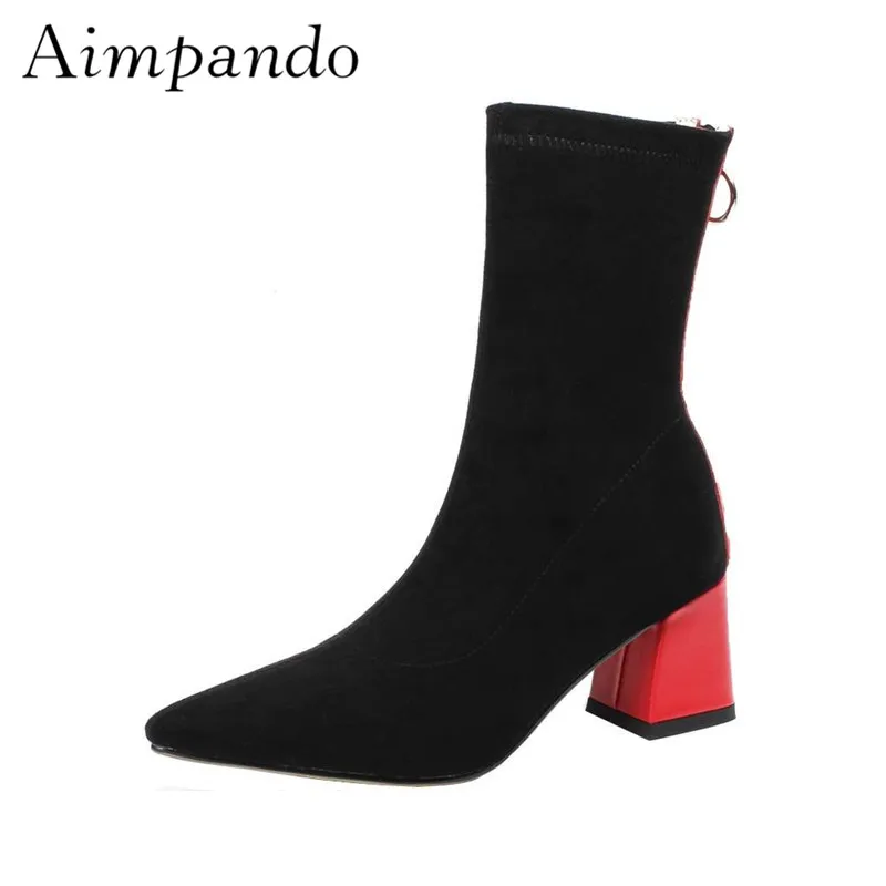 

Women Shoes Autumn 2018 New Chic Mixed Color Back Zip Pointed Toe Med Heel British Style Scrub Ankle Boots Women