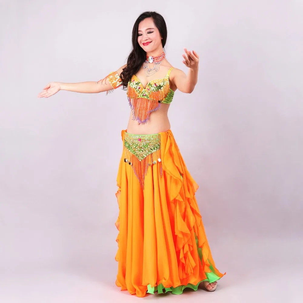Размер s-xl женский Профессиональный бисерный костюм для танца живота 3 шт. одежда с бюстгальтером и поясом и юбкой Восточный танец живота одежда обшитая бисером - Цвет: Orange Green