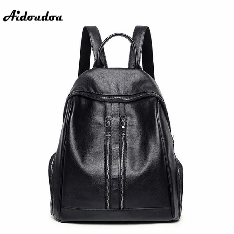 AIDOUDOU Fashion Trendy Backpacks Split Leather Women Backpack Zipper Big Capacity Travel Double Shoulder Bags Black