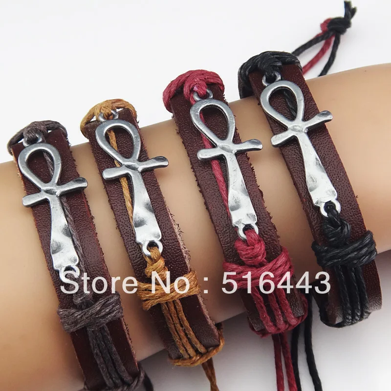 

12pcs Wholesale Jewelry Lots Antique Silver Leather Carving Cross Vintage Bracelets Bangles for Mens Womens A-045