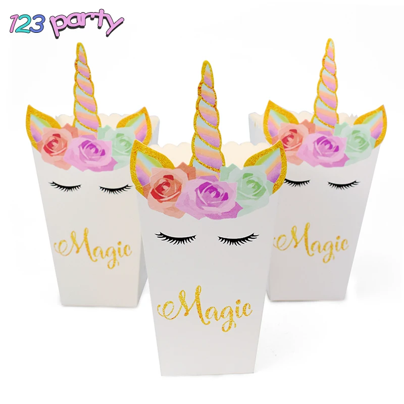

6pcs Unicorn Party Popcorn Boxes DIY Birthday Party Decoration Unicorn Theme Party Popcorn Bags Baby Shower Kids Favors