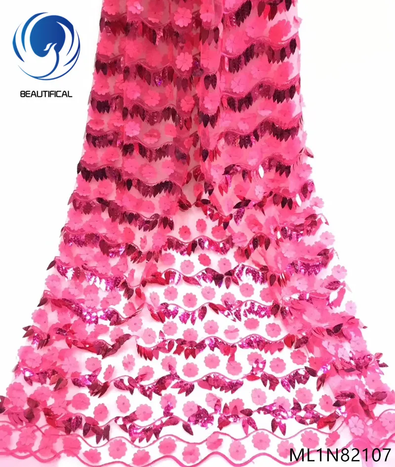 

Beautifical african lace fabrics Latest style 3d flowres sequins net lace fabric nigerian lace fabric for women dress ML1N821