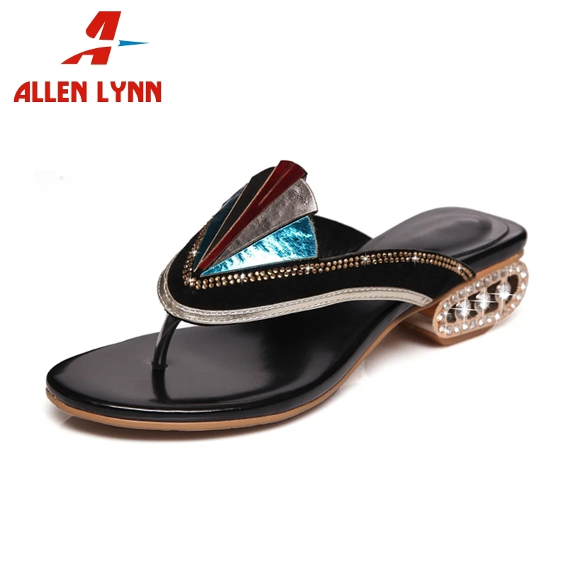 

ALLENLYNN New Fashion Genuine Leather Strange Style Med Heels Flip Flops Women Shoes Woman Casual Outside Summer Slippers