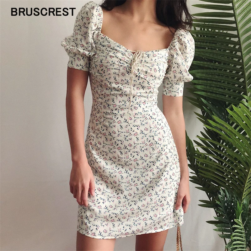 

Summer Dress 2019 Retro Boho Women Tie Neck Floral Print Floral Mini Sexy White Dress Puff Sleeve Korean Vestidos