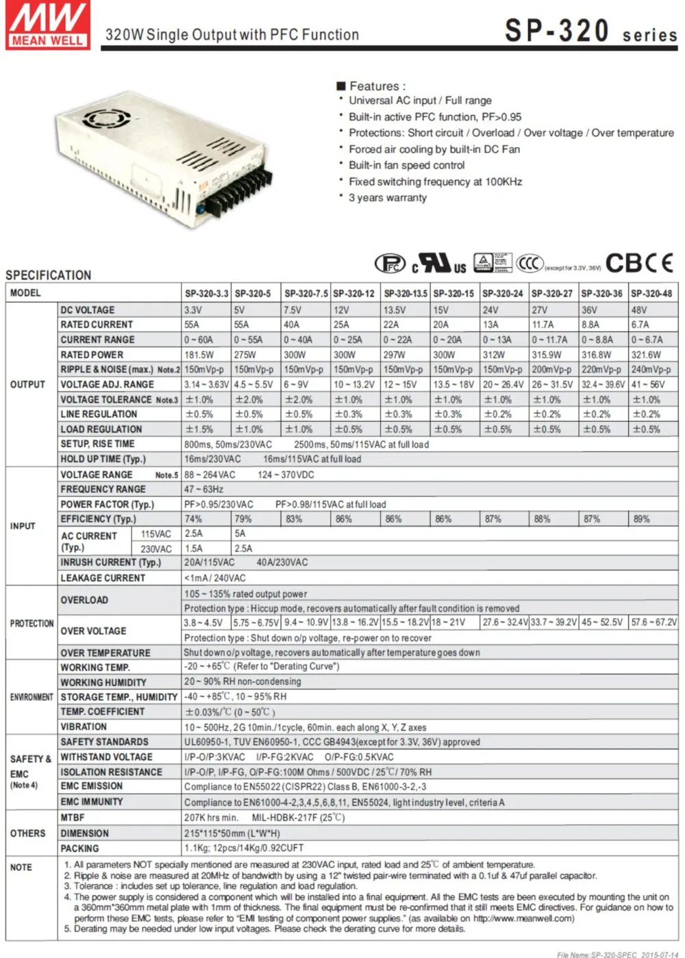 MeanWell 300 Вт 25A 12 в источник питания с одним Выход переключение Питание SP-320-12 CE Стандарты UL TUV CB оптовая продажа Встроенный активный PFC Функция