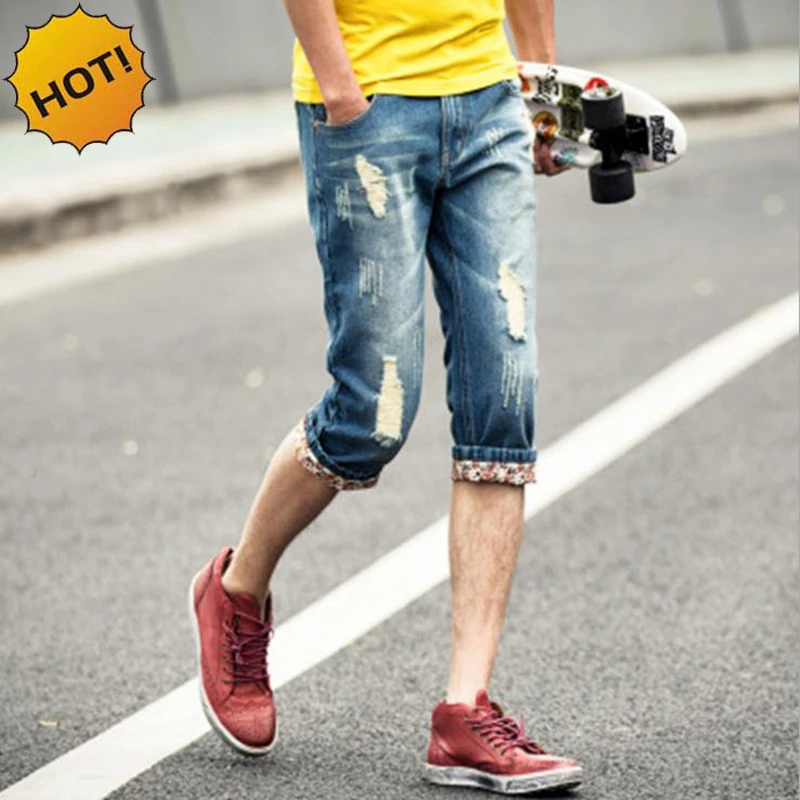Fashion Summer Style Teenagers Hole Ripped Capri Pants Men Washing Slim Fit Flanging Light Blue Denim Ctopped Trousers 28 34 Men Wash Denim Trouser Menlight Blue Aliexpress