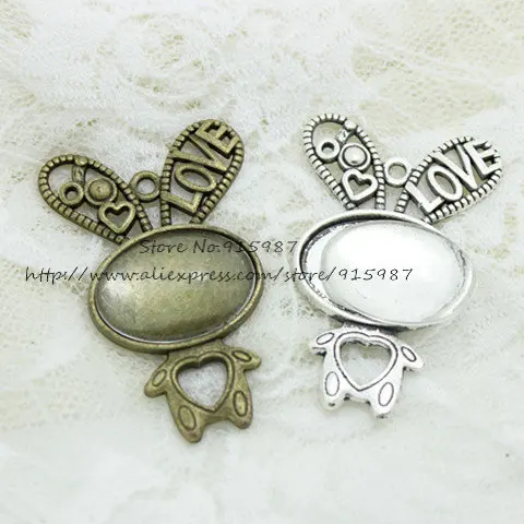 

6set two color rabbit filigree cameo cabochon pendant setting 33*52mm(Fit18*25mm dia)Cabochon Base+Clear Glass Cabochons 6C1017