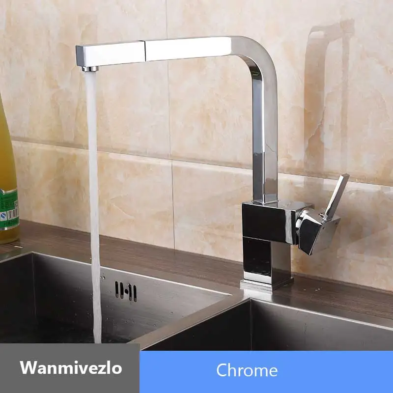 Черный выдвижной кран для кухонной раковины на бортике, кран для ванной, кухонный кран с поворотом на 360 градусов, кран для воды, латунная квадратная ручка, смеситель - Цвет: Chrome
