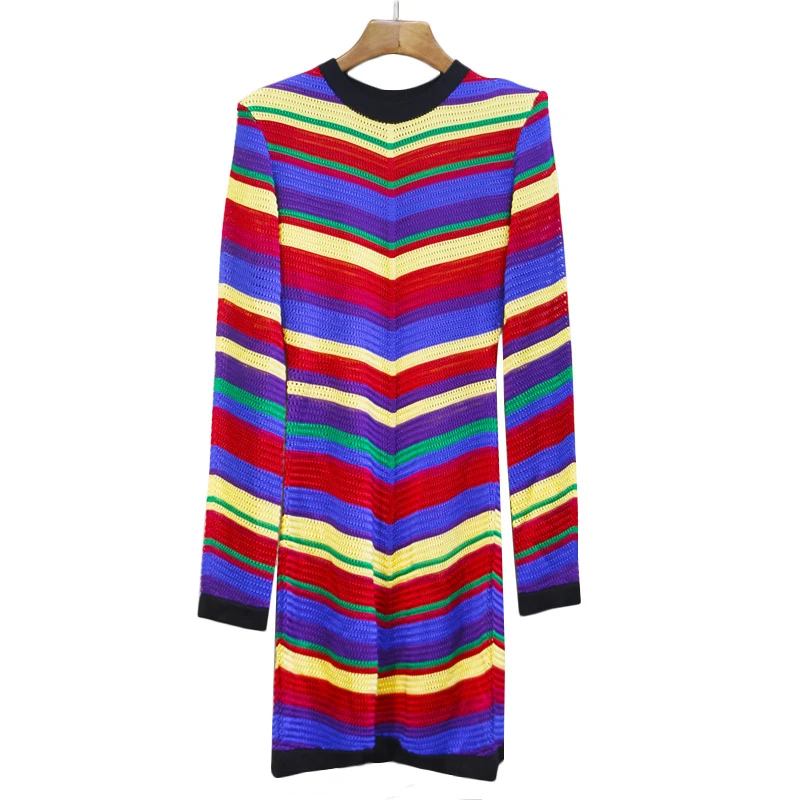Высокое качество новейшая мода BAROCCO дизайнерское подиумное платье женские очаровательные цвета Полосатое открытое трикотажное платье