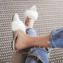SUOJIALUN Femmes Pantoufles De Fourrure Diapositives Pointu Moitié Supérieure Pantoufles Dame À L’extérieur Rue Style Sandales Chaussures Shiping Libre