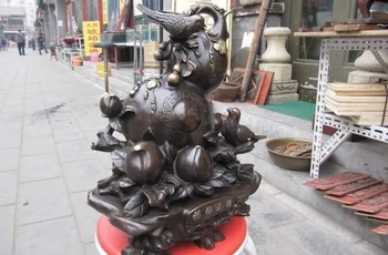 

Exquisite Bronze Art statuary peach pied magpie gourd blessing longevity health 8.02