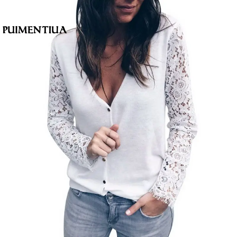 

Puimentiua Women Casual Long Sleeve V-Neck Thin T-Shirt Top 2018 Spring Open Stitch Cardigan Female Jacket Outwear Button Tshirt