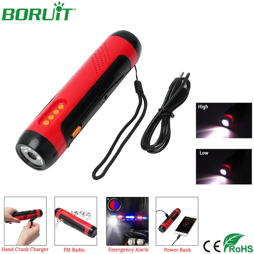 

BORUiT Multifunction Hand Crank Charging FM Radio LED Flashlight USB Output Power Bank Portable Outdoor Camping Torch Light Lamp