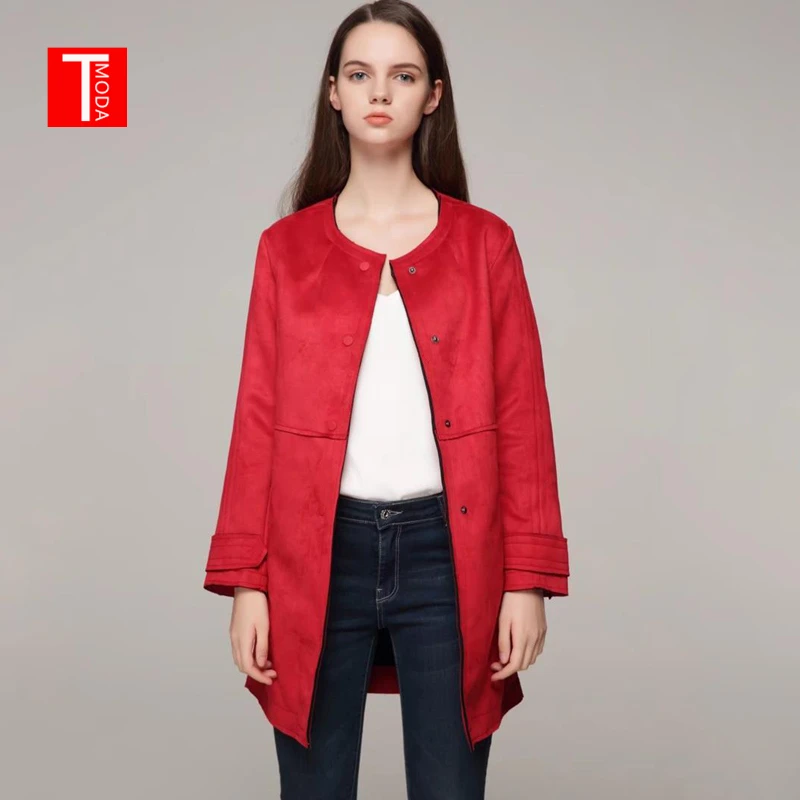 Новое поступление, Брендовые женские осенние зимние замшевые Длинные Куртки из искусственной кожи, женские модные матовые повседневные красные пальто, верхняя одежда, горячая распродажа