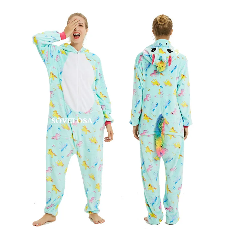 Пижамы единорога, женский комбинезон, кигуруми, панда, зимняя Фланелевая пижама, кигуруми, для взрослых, ночная рубашка, стежка, единорог, одежда для сна, комбинезон - Цвет: Blue printed tianma