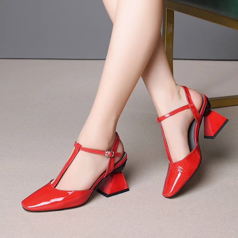 

Women Cow Leather Sandals Square toe Closed toe T Strap Platform Pumps Red White Strange Style High Heels Genuine Leather Shoes