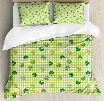 

Irish Duvet Cover Set Retro Classical Checkered Pattern Decorated with Cute Green Shamrocks Garden Plants 4 Piece Bedding Set