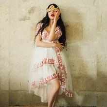 PITEER Summer New Women Novelty Elegant Cute Exquisite Linen Exotic Embroidery Multi-Layer Mesh Irregular White Princess Dress